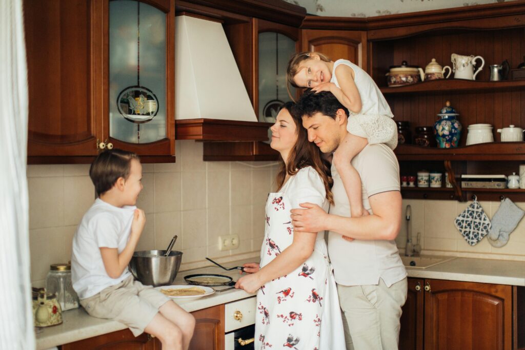 family spending time together in the kitchen creating a strong family culture at home