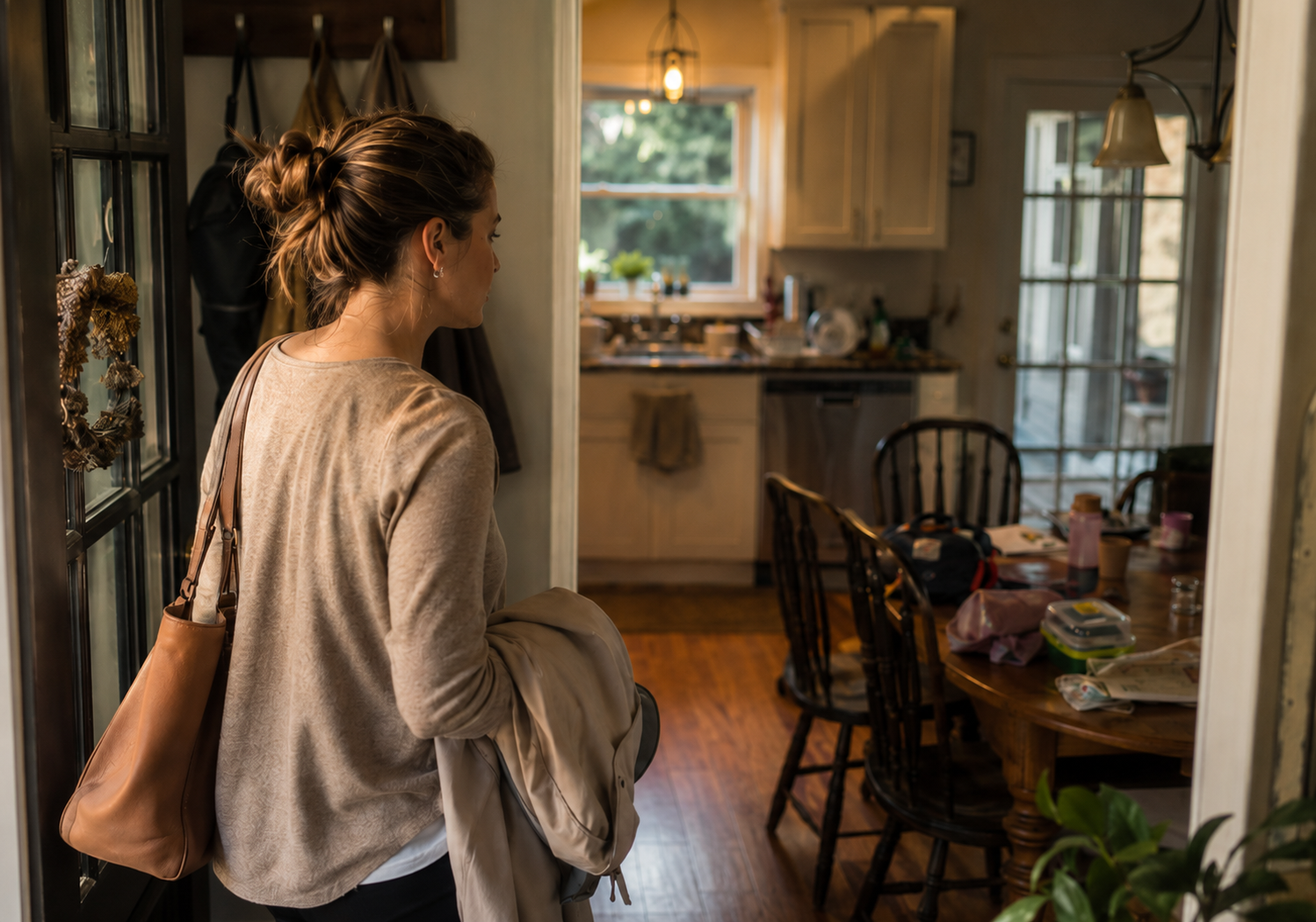 Mother quietly pauses in the doorway after arriving home, taking in the dining table and kitchen sink before beginning the evening routine.